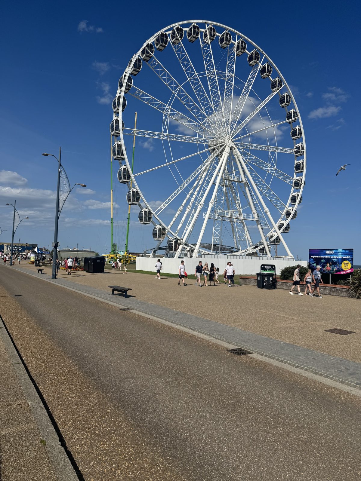 A large white observation wheel against a blue sky on the seafront